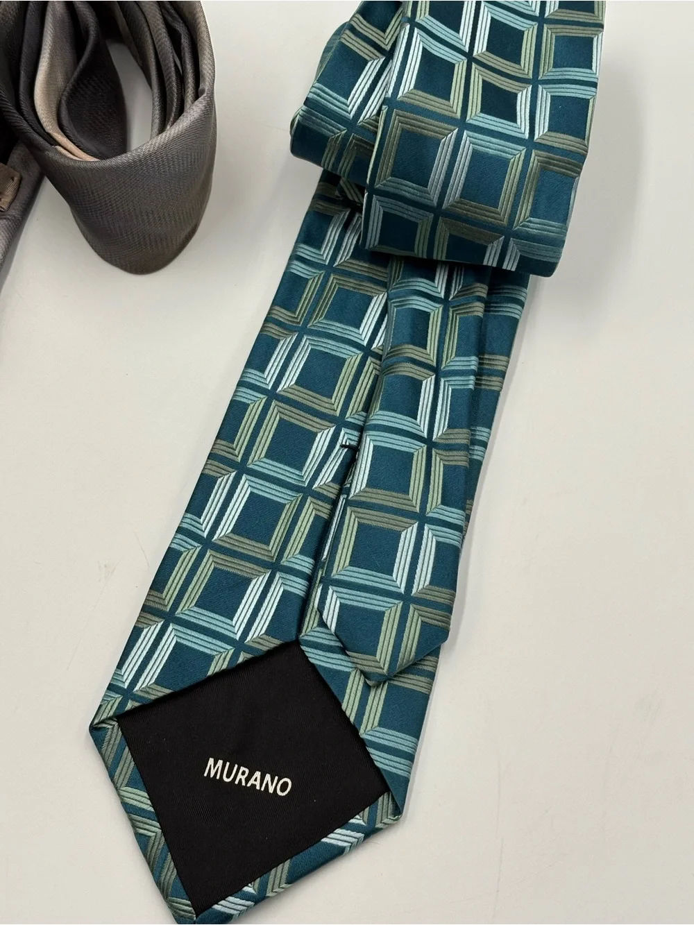 Lot of 2 Murano Men’s Designer Neck Ties Gray Stripe & Blue Geometric